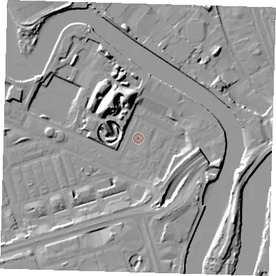 Shaded relief map of the ground around E140GR, computed from Environment Agency LiDAR. The ground here sits at about 2 m above sea level and falls 16 m across the surrounding 800 m. Surface water reaching this point runs off ground lying to the north-north-west, 13.8 m higher.