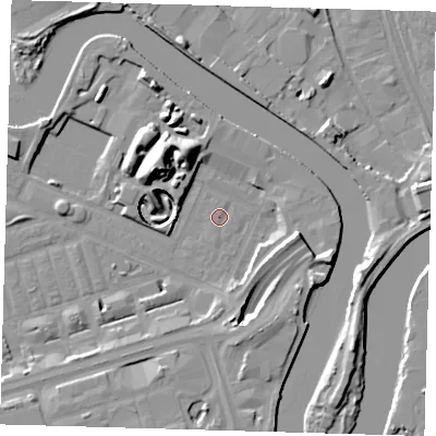 Shaded relief map of the ground around E140GS, computed from Environment Agency LiDAR. The ground here sits at about 2 m above sea level and falls 16 m across the surrounding 800 m. Surface water reaching this point runs off ground lying to the south, 0.6 m higher.