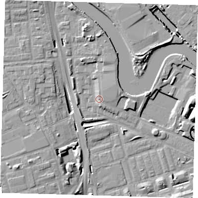 Shaded relief map of the ground around E140GW, computed from Environment Agency LiDAR. The ground here sits at about 3 m above sea level and falls 15 m across the surrounding 800 m. Surface water reaching this point runs off ground lying to the north-east, 3.2 m higher.