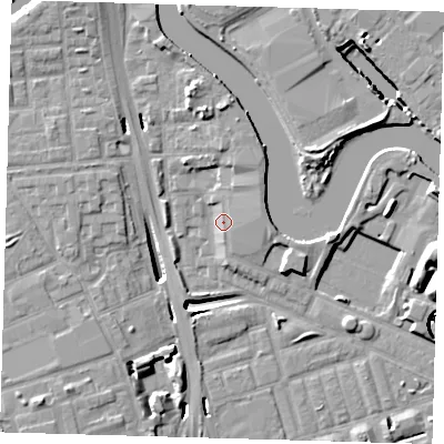 Shaded relief map of the ground around E140GX, computed from Environment Agency LiDAR. The ground here sits at about 3 m above sea level and falls 14 m across the surrounding 800 m. Surface water reaching this point runs off ground lying to the east-north-east, 3.1 m higher.