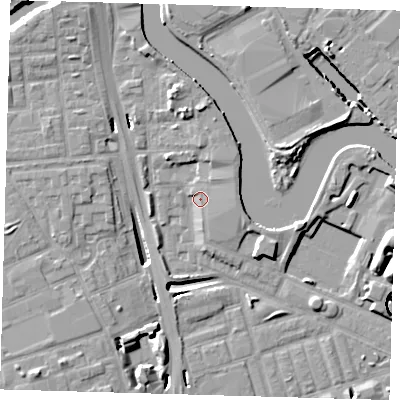Shaded relief map of the ground around E140GY, computed from Environment Agency LiDAR. The ground here sits at about 3 m above sea level and falls 13 m across the surrounding 800 m. Surface water reaching this point runs off ground lying to the east, 3.1 m higher.