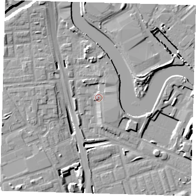 Shaded relief map of the ground around E140GZ, computed from Environment Agency LiDAR. The ground here sits at about 4 m above sea level and falls 12 m across the surrounding 800 m. Surface water reaching this point runs off ground lying to the east-north-east, 2.4 m higher.