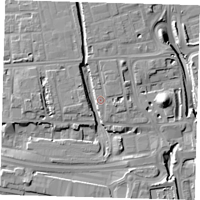 Shaded relief map of the ground around E140HA, computed from Environment Agency LiDAR. The ground here sits at about 6 m above sea level and falls 15 m across the surrounding 800 m. Surface water reaching this point runs off ground lying to the east-south-east, 6.1 m higher.