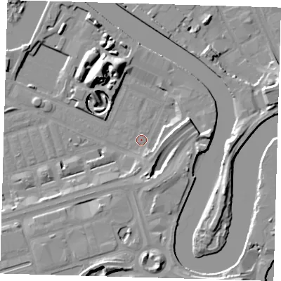 Shaded relief map of the ground around E140HU, computed from Environment Agency LiDAR. The ground here sits at about 2 m above sea level and falls 16 m across the surrounding 800 m. Surface water reaching this point runs off ground lying to the east-north-east, 11.2 m higher.