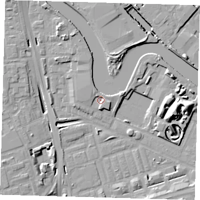 Shaded relief map of the ground around E140HX, computed from Environment Agency LiDAR. The ground here sits at about 3 m above sea level and falls 17 m across the surrounding 800 m. Surface water reaching this point runs off ground lying to the south-east, 2.7 m higher.