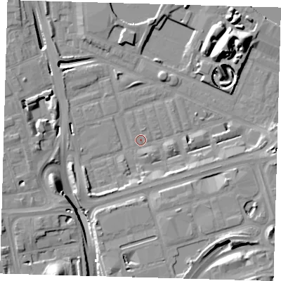 Shaded relief map of the ground around E140HY, computed from Environment Agency LiDAR. The ground here sits at about 2 m above sea level and falls 17 m across the surrounding 800 m. Surface water reaching this point runs off ground lying to the south-west, 6.5 m higher.