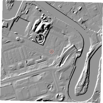 Shaded relief map of the ground around E140HZ, computed from Environment Agency LiDAR. The ground here sits at about 2 m above sea level and falls 16 m across the surrounding 800 m. Surface water reaching this point runs off ground lying to the east-north-east, 11.2 m higher.