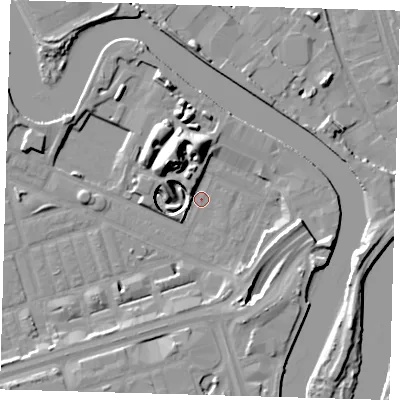 Shaded relief map of the ground around E140JA, computed from Environment Agency LiDAR. The ground here sits at about 2 m above sea level and falls 16 m across the surrounding 800 m. Surface water reaching this point runs off ground lying to the north, 13.8 m higher.