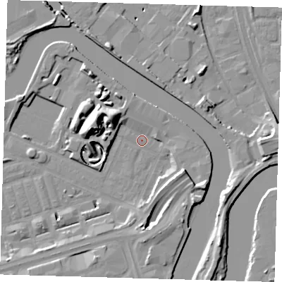 Shaded relief map of the ground around E140JB, computed from Environment Agency LiDAR. The ground here sits at about 2 m above sea level and falls 16 m across the surrounding 800 m. Surface water reaching this point runs off ground lying to the north-east, 3.5 m higher.