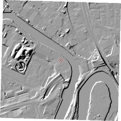 Shaded relief map of the ground around E140JF, computed from Environment Agency LiDAR. The ground here sits at about 5 m above sea level and falls 19 m across the surrounding 800 m. Surface water reaching this point runs off ground lying to the east-south-east, 0.7 m higher.