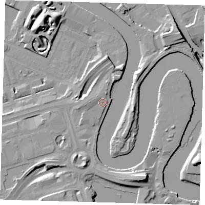 Shaded relief map of the ground around E140JJ, computed from Environment Agency LiDAR. The ground here sits at about 6 m above sea level and falls 20 m across the surrounding 800 m. Surface water reaching this point runs off ground lying to the north-north-east, 4.3 m higher.
