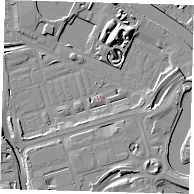 Shaded relief map of the ground around E140JL, computed from Environment Agency LiDAR. The ground here sits at about 2 m above sea level and falls 17 m across the surrounding 800 m. Surface water reaching this point runs off ground lying to the south-west, 4.0 m higher.