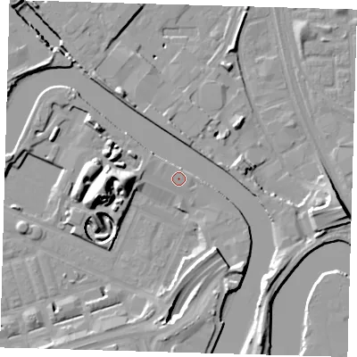 Shaded relief map of the ground around E140JP, computed from Environment Agency LiDAR. The ground here sits at about 5 m above sea level and falls 16 m across the surrounding 800 m. Surface water reaching this point runs off ground lying to the east-south-east, 2.5 m higher.