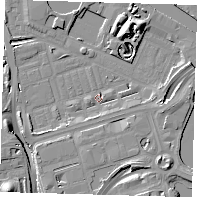 Shaded relief map of the ground around E140JQ, computed from Environment Agency LiDAR. The ground here sits at about 2 m above sea level and falls 17 m across the surrounding 800 m. Surface water reaching this point runs off ground lying to the east-north-east, 11.2 m higher.