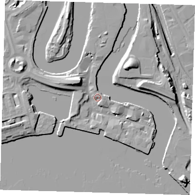 Shaded relief map of the ground around E140JU, computed from Environment Agency LiDAR. The ground here sits at about 5 m above sea level and falls 18 m across the surrounding 800 m. Surface water reaching this point runs off ground lying to the north-west, 11.4 m higher.