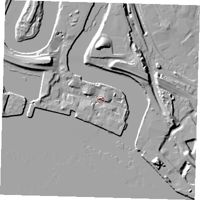 Shaded relief map of the ground around E140JW, computed from Environment Agency LiDAR. The ground here sits at about 4 m above sea level and falls 18 m across the surrounding 800 m. Surface water reaching this point runs off ground lying to the east-north-east, 4.2 m higher.