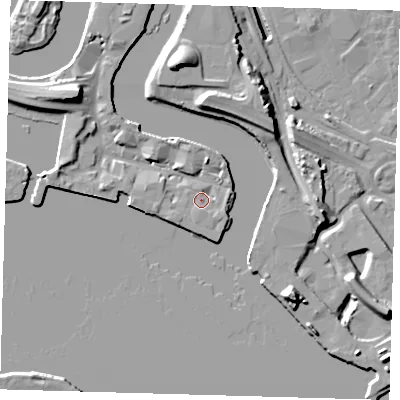 Shaded relief map of the ground around E140JY, computed from Environment Agency LiDAR. The ground here sits at about 4 m above sea level and falls 18 m across the surrounding 800 m. Surface water reaching this point runs off ground lying to the south-west, 2.5 m higher.