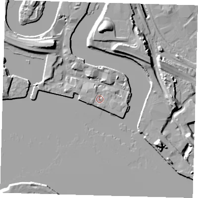 Shaded relief map of the ground around E140JZ, computed from Environment Agency LiDAR. The ground here sits at about 5 m above sea level and falls 18 m across the surrounding 800 m. Surface water reaching this point runs off ground lying to the north-east, 4.2 m higher.