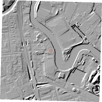 Shaded relief map of the ground around E140LA, computed from Environment Agency LiDAR. The ground here sits at about 5 m above sea level and falls 17 m across the surrounding 800 m. The ground contributing surface water to this point lies to the south-west.