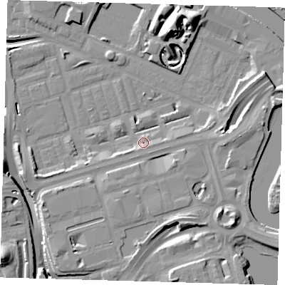 Shaded relief map of the ground around E140LB, computed from Environment Agency LiDAR. The ground here sits at about 3 m above sea level and falls 18 m across the surrounding 800 m. Surface water reaching this point runs off ground lying to the west-south-west, 3.0 m higher.
