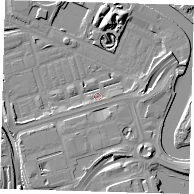 Shaded relief map of the ground around E140LD, computed from Environment Agency LiDAR. The ground here sits at about 3 m above sea level and falls 17 m across the surrounding 800 m. Surface water reaching this point runs off ground lying to the east, 3.0 m higher.