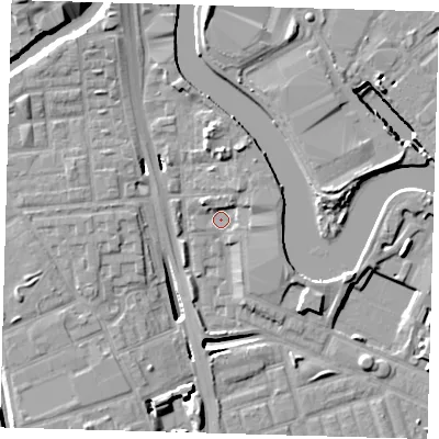 Shaded relief map of the ground around E140LF, computed from Environment Agency LiDAR. The ground here sits at about 3 m above sea level and falls 13 m across the surrounding 800 m. Surface water reaching this point runs off ground lying to the north-north-east, 3.1 m higher.