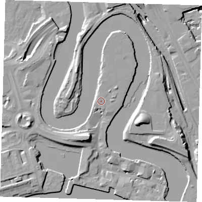 Shaded relief map of the ground around E140LG, computed from Environment Agency LiDAR. The ground here sits at about 6 m above sea level and falls 20 m across the surrounding 800 m. Surface water reaching this point runs off ground lying to the north-east, 1.4 m higher.