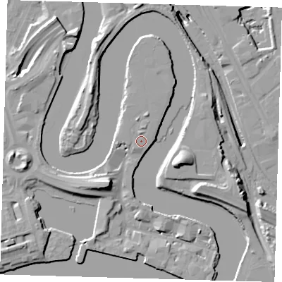 Shaded relief map of the ground around E140LH, computed from Environment Agency LiDAR. The ground here sits at about 6 m above sea level and falls 20 m across the surrounding 800 m. Surface water reaching this point runs off ground lying to the north-north-east, 1.4 m higher.