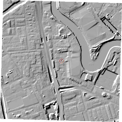 Shaded relief map of the ground around E140LJ, computed from Environment Agency LiDAR. The ground here sits at about 3 m above sea level and falls 12 m across the surrounding 800 m. Surface water reaching this point runs off ground lying to the north-east, 0.9 m higher.