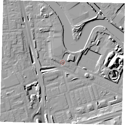 Shaded relief map of the ground around E140LN, computed from Environment Agency LiDAR. The ground here sits at about 3 m above sea level and falls 17 m across the surrounding 800 m. Surface water reaching this point runs off ground lying to the east-north-east, 3.0 m higher.