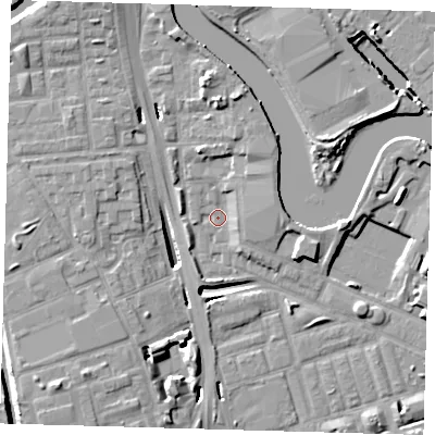 Shaded relief map of the ground around E140LQ, computed from Environment Agency LiDAR. The ground here sits at about 2 m above sea level and falls 12 m across the surrounding 800 m. Surface water reaching this point runs off ground lying to the east-north-east, 3.1 m higher.