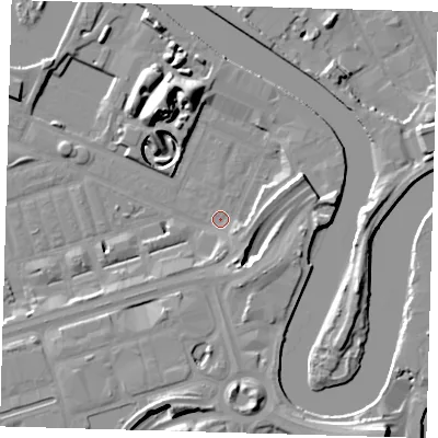 Shaded relief map of the ground around E140LR, computed from Environment Agency LiDAR. The ground here sits at about 2 m above sea level and falls 17 m across the surrounding 800 m. Surface water reaching this point runs off ground lying to the east-north-east, 11.2 m higher.