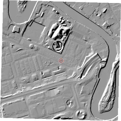 Shaded relief map of the ground around E140NA, computed from Environment Agency LiDAR. The ground here sits at about 2 m above sea level and falls 16 m across the surrounding 800 m. Surface water reaching this point runs off ground lying to the north, 13.8 m higher.