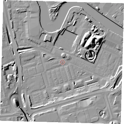 Shaded relief map of the ground around E140NB, computed from Environment Agency LiDAR. The ground here sits at about 2 m above sea level and falls 17 m across the surrounding 800 m. Surface water reaching this point runs off ground lying to the south-west, 6.5 m higher.