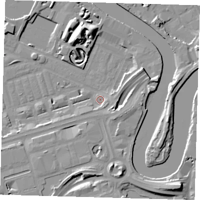Shaded relief map of the ground around E140ND, computed from Environment Agency LiDAR. The ground here sits at about 2 m above sea level and falls 17 m across the surrounding 800 m. Surface water reaching this point runs off ground lying to the east-south-east, 3.9 m higher.