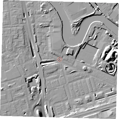 Shaded relief map of the ground around E140NE, computed from Environment Agency LiDAR. The ground here sits at about 2 m above sea level and falls 17 m across the surrounding 800 m. Surface water reaching this point runs off ground lying to the west-south-west, 11.0 m higher.
