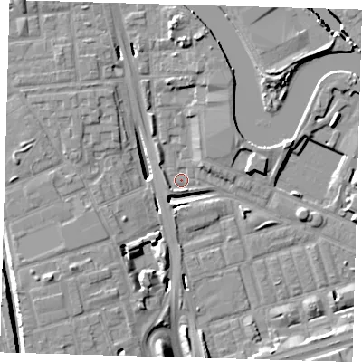 Shaded relief map of the ground around E140NF, computed from Environment Agency LiDAR. The ground here sits at about 2 m above sea level and falls 12 m across the surrounding 800 m. Surface water reaching this point runs off ground lying to the north, 10.5 m higher.