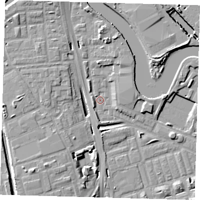 Shaded relief map of the ground around E140NG, computed from Environment Agency LiDAR. The ground here sits at about 2 m above sea level and falls 12 m across the surrounding 800 m. Surface water reaching this point runs off ground lying to the north, 10.5 m higher.