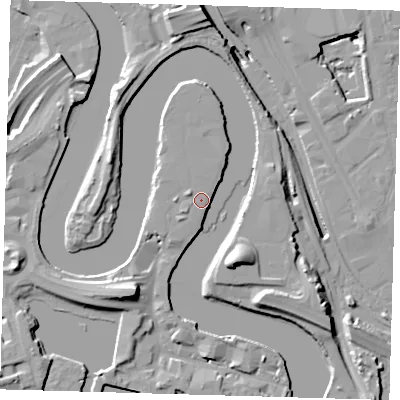 Shaded relief map of the ground around E140NJ, computed from Environment Agency LiDAR. The ground here sits at about 6 m above sea level and falls 20 m across the surrounding 800 m. Surface water reaching this point runs off ground lying to the south-east, 3.3 m higher.