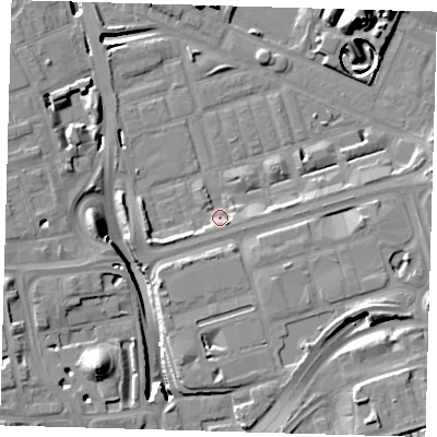 Shaded relief map of the ground around E140NL, computed from Environment Agency LiDAR. The ground here sits at about 3 m above sea level and falls 18 m across the surrounding 800 m. Surface water reaching this point runs off ground lying to the south-east, 3.2 m higher.