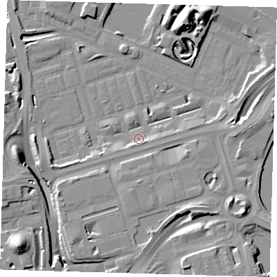 Shaded relief map of the ground around E140NN, computed from Environment Agency LiDAR. The ground here sits at about 2 m above sea level and falls 18 m across the surrounding 800 m. Surface water reaching this point runs off ground lying to the south-south-east, 3.0 m higher.