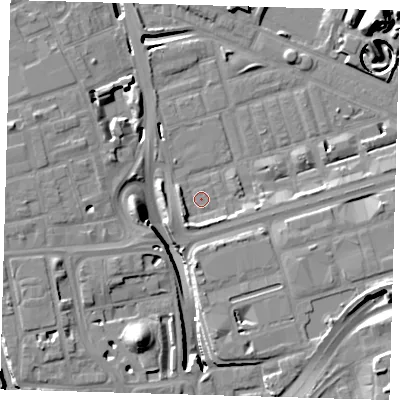Shaded relief map of the ground around E140NP, computed from Environment Agency LiDAR. The ground here sits at about 2 m above sea level and falls 18 m across the surrounding 800 m. Surface water reaching this point runs off ground lying to the south-south-west, 3.8 m higher.