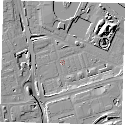 Shaded relief map of the ground around E140NQ, computed from Environment Agency LiDAR. The ground here sits at about 2 m above sea level and falls 17 m across the surrounding 800 m. Surface water reaching this point runs off ground lying to the south-south-west, 6.5 m higher.