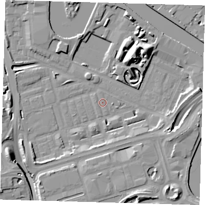 Shaded relief map of the ground around E140NR, computed from Environment Agency LiDAR. The ground here sits at about 2 m above sea level and falls 17 m across the surrounding 800 m. Surface water reaching this point runs off ground lying to the north-east, 15.4 m higher.