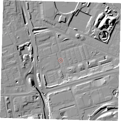 Shaded relief map of the ground around E140NU, computed from Environment Agency LiDAR. The ground here sits at about 2 m above sea level and falls 17 m across the surrounding 800 m. Surface water reaching this point runs off ground lying to the south-south-west, 6.5 m higher.