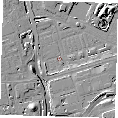Shaded relief map of the ground around E140NX, computed from Environment Agency LiDAR. The ground here sits at about 2 m above sea level and falls 18 m across the surrounding 800 m. Surface water reaching this point runs off ground lying to the south-west, 4.5 m higher.
