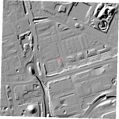 Shaded relief map of the ground around E140NY, computed from Environment Agency LiDAR. The ground here sits at about 2 m above sea level and falls 17 m across the surrounding 800 m. Surface water reaching this point runs off ground lying to the south-west, 4.8 m higher.