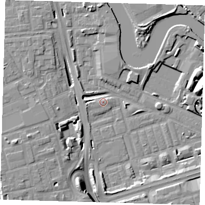 Shaded relief map of the ground around E140NZ, computed from Environment Agency LiDAR. The ground here sits at about 3 m above sea level and falls 17 m across the surrounding 800 m. Surface water reaching this point runs off ground lying to the west-south-west, 10.6 m higher.