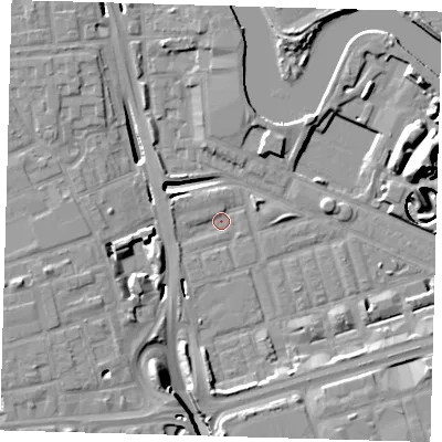 Shaded relief map of the ground around E140PB, computed from Environment Agency LiDAR. The ground here sits at about 2 m above sea level and falls 17 m across the surrounding 800 m. Surface water reaching this point runs off ground lying to the west-south-west, 8.6 m higher.
