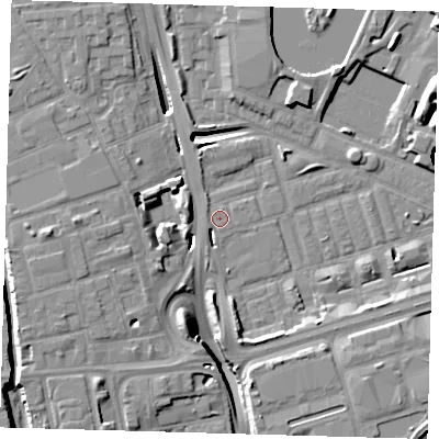 Shaded relief map of the ground around E140PD, computed from Environment Agency LiDAR. The ground here sits at about 2 m above sea level and falls 12 m across the surrounding 800 m. Surface water reaching this point runs off ground lying to the south-south-west, 4.3 m higher.